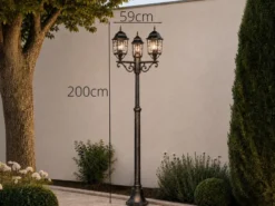 Straßenlaterne 3-flammig Aluminium Rostoptik antik mit E27 LED, Höhe 200cm