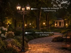 Straßenlaterne 3-flammig aus Aluminium Schwarz mit E27 LED, Höhe 200cm