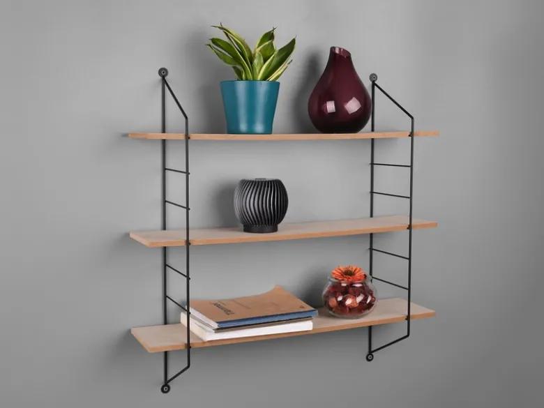 String Wandregal CLARA - 3 Regalbretter aus Holz & Metall schwarz 60x62cm