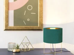 Tischlampe AURA mit Lampenschirm Samt Türkis - innen Gold, Höhe 32cm