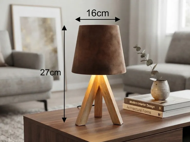 Tischlampe mit Holz Dreibein & E14 Samtschirm Braun Gold, Höhe 27cm