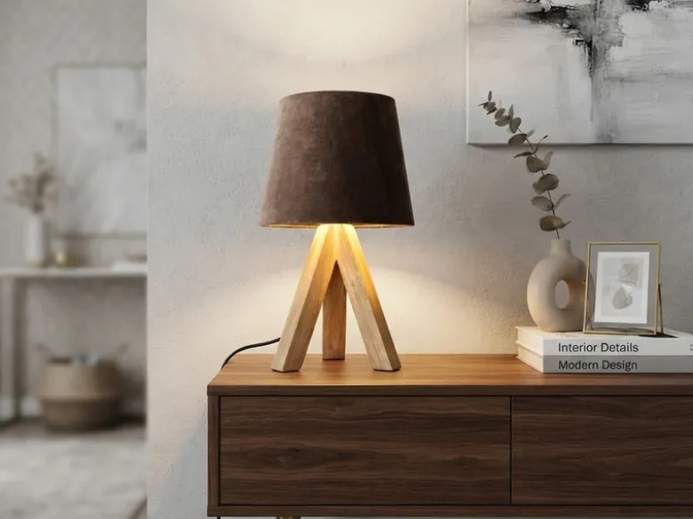 Tischlampe mit Holz Dreibein & E14 Samtschirm Braun Gold, Höhe 27cm