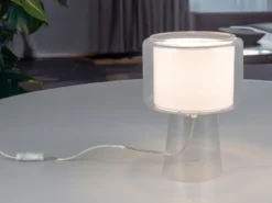 Tischlampe ROCKA aus Glas Transparent mit Stoffschirm innen, Höhe 29cm