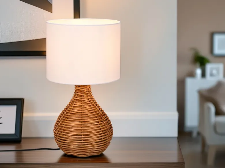 Tischlampe SPROUT mit Rattan und Stoffschirm Weiß, Höhe 40cm