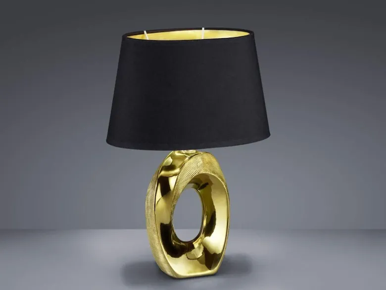 Tischlampe TABA Keramik Gold mit E14 Stoffschirm Schwarz, Höhe 33cm