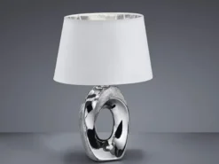 Tischlampe TABA Keramik Silber mit E14 Stoffschirm Weiß, Höhe 33cm