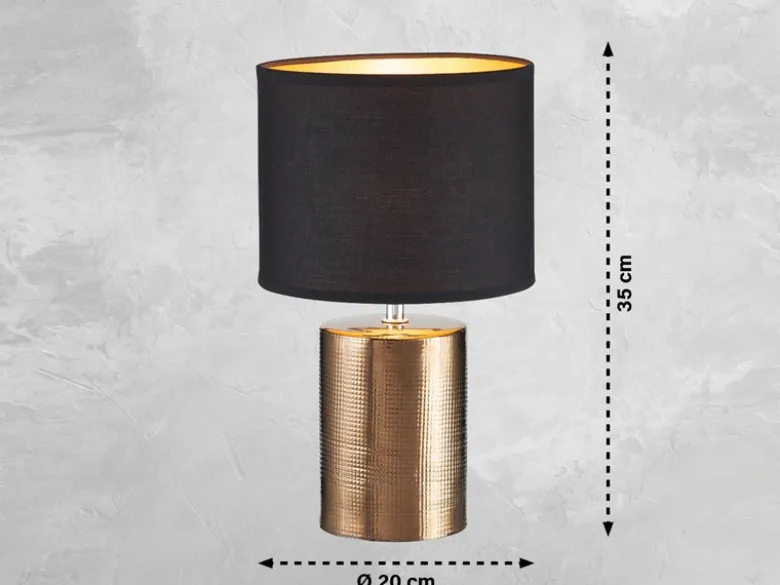 Tischleuchte BRONZ mit Keramikfuß & Stoffschirm Schwarz innen Gold, Höhe 35cm