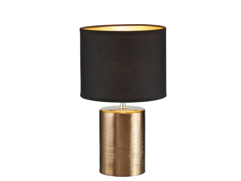 Tischleuchte BRONZ mit Keramikfuß & Stoffschirm Schwarz innen Gold, Höhe 35cm