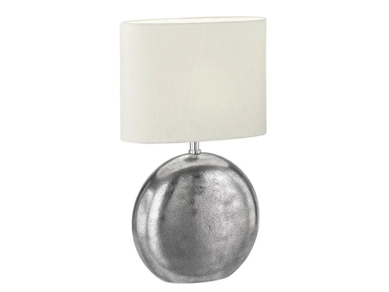 Tischleuchte CHAMBERY, Metallfuß Silber Antik, Leinenschirm Beige, Höhe 51cm