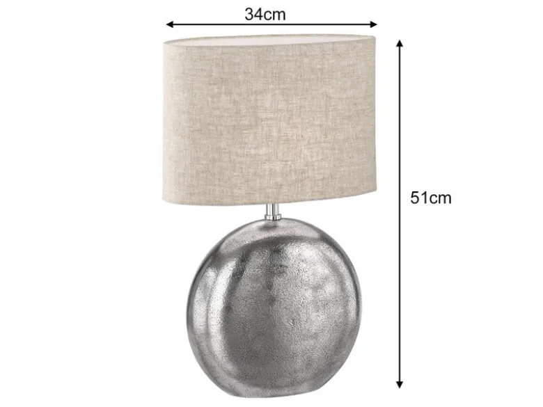 Tischleuchte CHAMBERY, Metallfuß Silber Antik, Leinenschirm Beige, Höhe 51cm