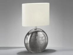 Tischleuchte CHAMBERY, Metallfuß Silber Antik, Leinenschirm Beige, Höhe 51cm