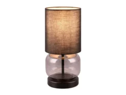 Tischleuchte ELIO mit Glasfuß Rauchglas und Stoffschirm Schwarz, Höhe 28cm