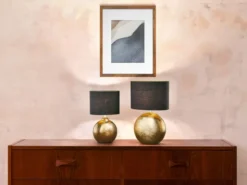 Tischleuchte FORO, Keramikfuß Bronze Antik & Stoffschirm Schwarz Gold, Höhe 53cm