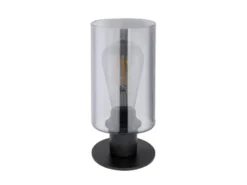 Tischleuchte HADERA Rauchglas Zylinder Lampenschirm, Metall Schwarz, Höhe 21,5cm