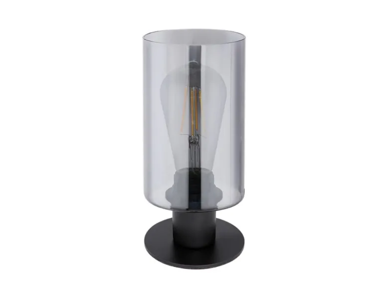 Tischleuchte HADERA Rauchglas Zylinder Lampenschirm, Metall Schwarz, Höhe 21,5cm