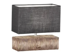 Tischleuchte HAUKE Keramikfuß Holzoptik & Leinenschirm Grau, Höhe 30cm