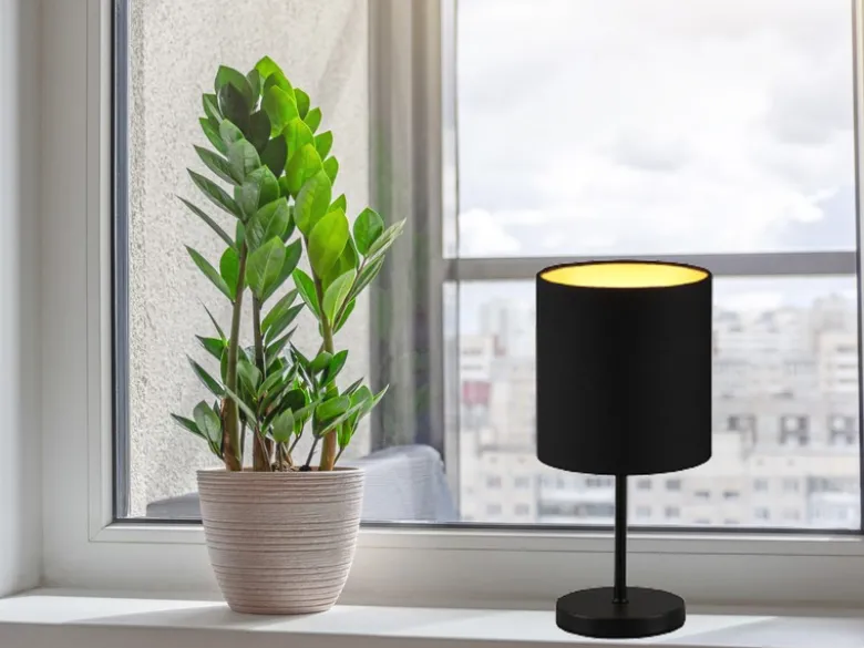 Tischleuchte JERRY 1-flammig Metall Stoffschirm in Schwarz/Gold, Höhe 28cm