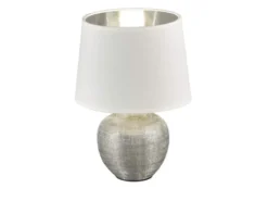 Tischleuchte LUXOR Keramik mit Stoffschirm Weiß / Silber, Höhe 35cm