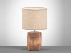 Tischleuchte MALIK mit Leinenschirm Beige & Betonfuß Holzoptik, Höhe 35cm