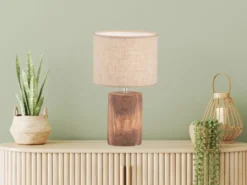 Tischleuchte MALIK mit Leinenschirm Beige & Betonfuß Holzoptik, Höhe 43cm