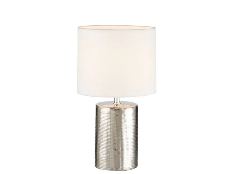 Tischleuchte PRATA Keramikfuß Silber Antik & Stoffschirm Leinen Weiß, Höhe 35cm