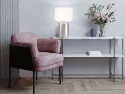 Tischleuchte PRATA Keramikfuß Silber Antik & Stoffschirm Leinen Weiß, Höhe 35cm