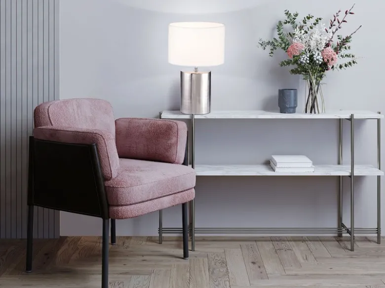 Tischleuchte PRATA Keramikfuß Silber Antik & Stoffschirm Leinen Weiß, Höhe 35cm