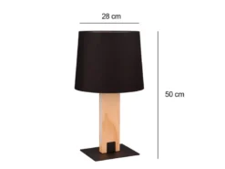 Tischleuchte RAHUL mit beleuchtetem Holzfuß und Stoffschirm, Höhe 50cm