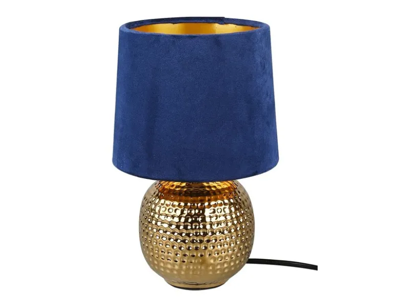 Tischleuchte SOPHIA mit Keramikfuß & Samtschirm Blau - Gold, Höhe 26cm