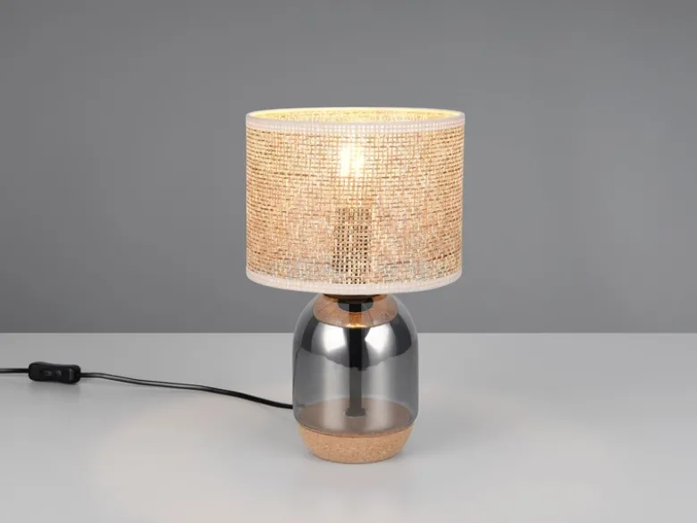 Tischleuchte TARA mit Rattanschirm, Kork und Glasfuß, Höhe 32cm