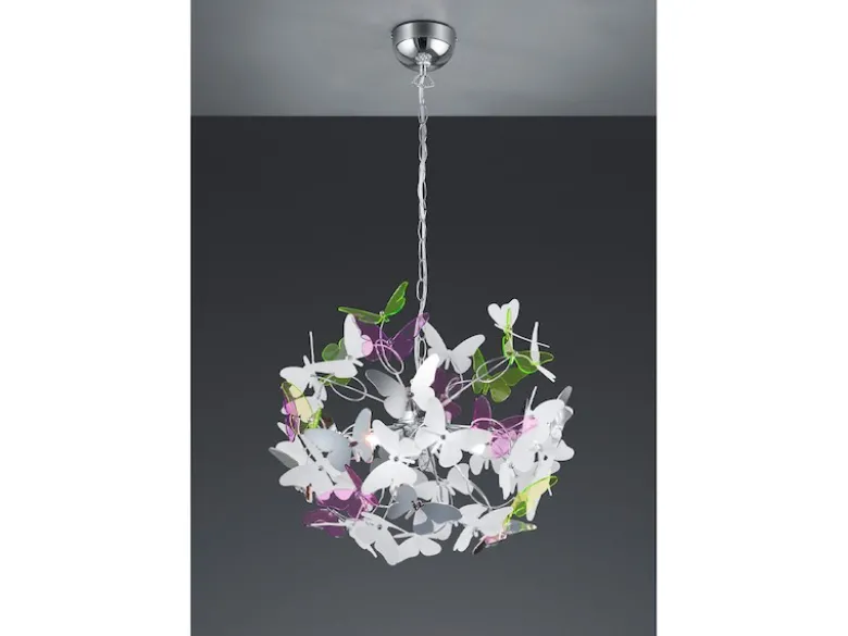 Verspielte Pendelleuchte BUTTERFLY 4 flammig mit bunten Schmetterlingen, Ø 50cm