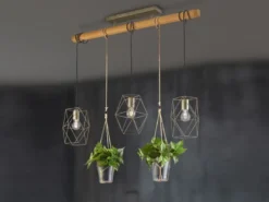 Vintage Balkenpendelleuchte PLANT 3-flammig mit Naturholz für Pflanzen