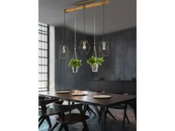 Vintage LED Balkenpendelleuchte 3-flammig mit Naturholz für Pflanzen