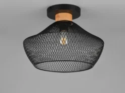 Vintage LED Deckenleuchte Drahtgeflecht Schwarz mit Holz Ø 35cm