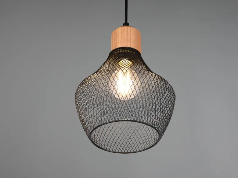 Vintage LED Pendelleuchte Drahtgeflecht Schwarz mit Holz, Ø 18cm