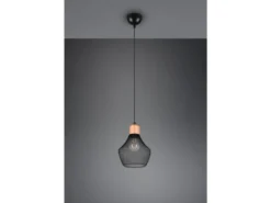Vintage LED Pendelleuchte Drahtgeflecht Schwarz mit Holz, Ø 18cm