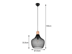 Vintage LED Pendelleuchte Drahtgeflecht Schwarz mit Holz Ø 33cm