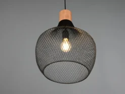 Vintage LED Pendelleuchte Drahtgeflecht Schwarz mit Holz Ø 33cm