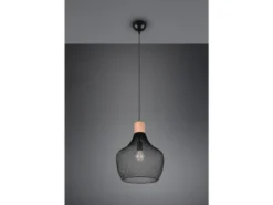 Vintage LED Pendelleuchte Drahtgeflecht Schwarz mit Holz Ø 33cm