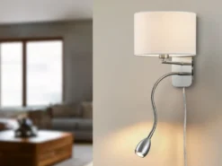 Wandlampe HOTEL mit Leselampe, Schalter & Stecker, Stoffschirm Weiß, Höhe 23,5cm
