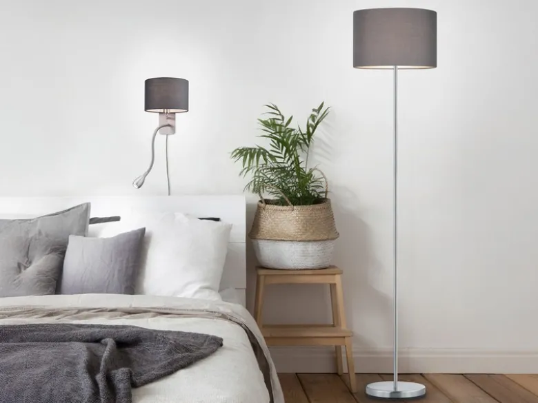 Wandlampe HOTEL mit Leselampe, Schalter & Stecker, Stoffschirm Grau, Höhe 23,5cm