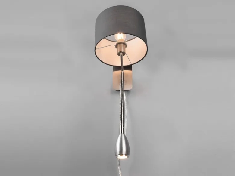 Wandlampe HOTEL mit Leselampe, Schalter & Stecker, Stoffschirm Grau, Höhe 23,5cm