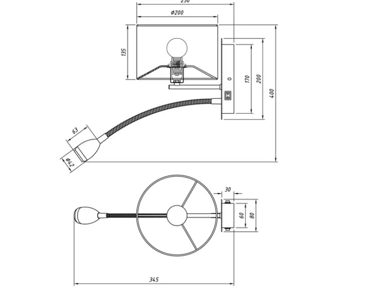 Wandlampe HOTEL mit Leselampe, Schalter & Stecker, Stoffschirm Grau, Höhe 23,5cm