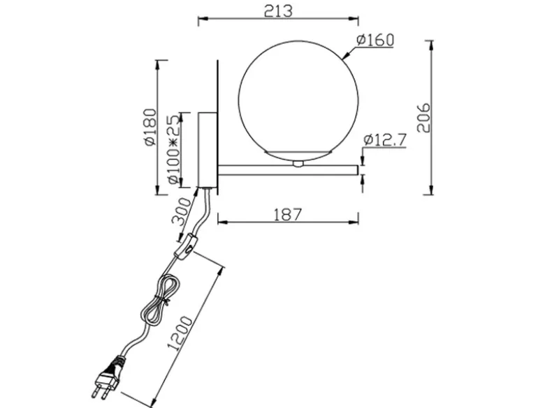 Wandlampe PURE mit Schalter, Kabel und Stecker & Rauchglas Kugel, Höhe 21cm