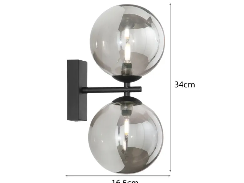 Wandleuchte HONEY 2-flammig Schwarz - Glaskugeln Rauchglas, Höhe 34cm
