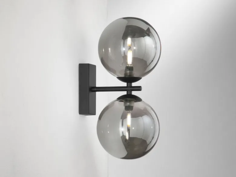 Wandleuchte HONEY 2-flammig Schwarz - Glaskugeln Rauchglas, Höhe 34cm
