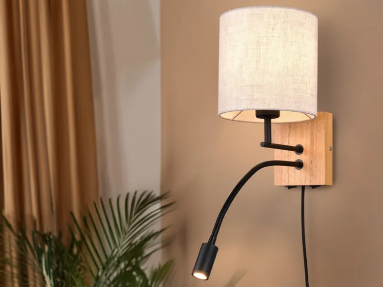 Wandleuchte NILAM mit Leselampe Schalter & Stecker, Holz mit Stoffschirm H: 30cm