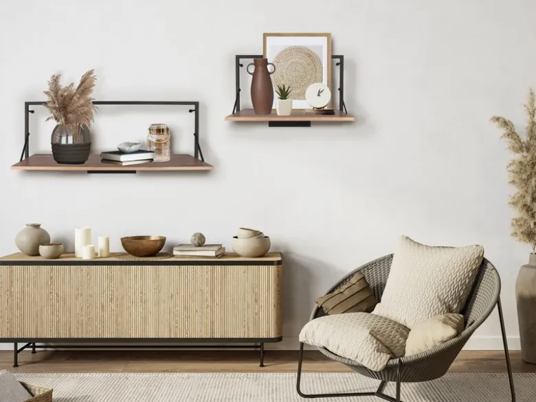 Wandregal LEONIE aus Holz mit LED Beleuchtung Metall Schwarz 90cm breit
