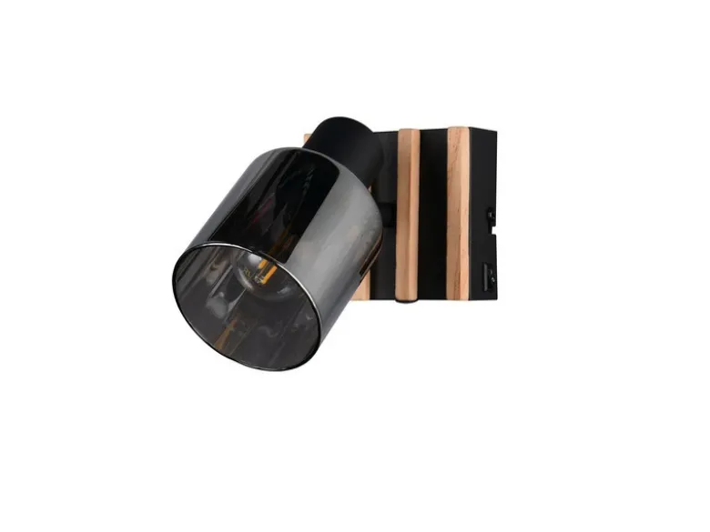 Wandstrahler TRAVIA mit Schalter, Rauchglas Schwarz & Holz, Breite 10cm