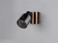 Wandstrahler TRAVIA mit Schalter, Rauchglas Schwarz & Holz, Breite 10cm